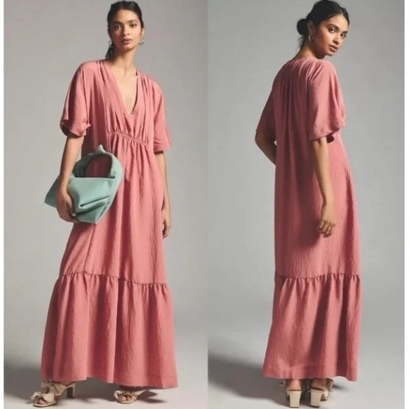 Anthropologie Dresses & Skirts - By Anthropologie V-Neck Waistless Maxi Somerset‎ XL Terracotta Rose Crinkle Boho